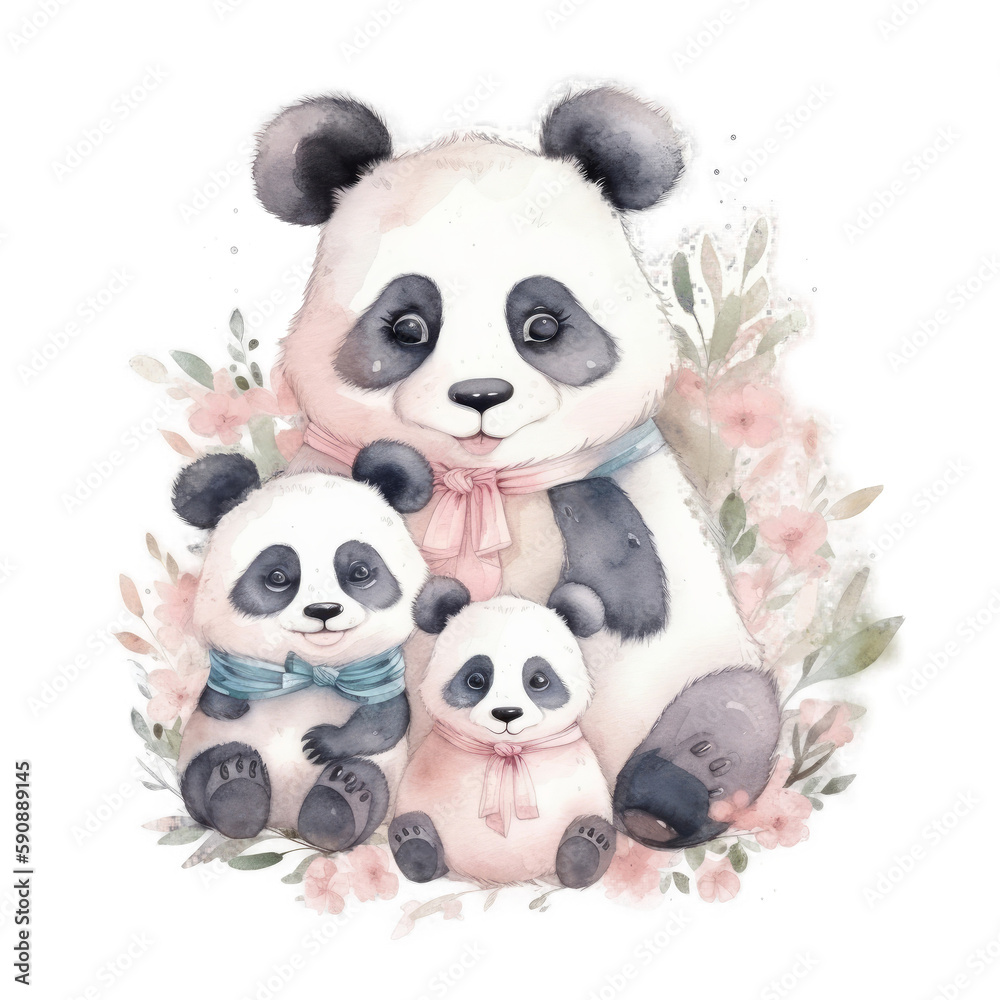 Naklejka premium Cute watercolor panda family, Illustration AI Generative.
