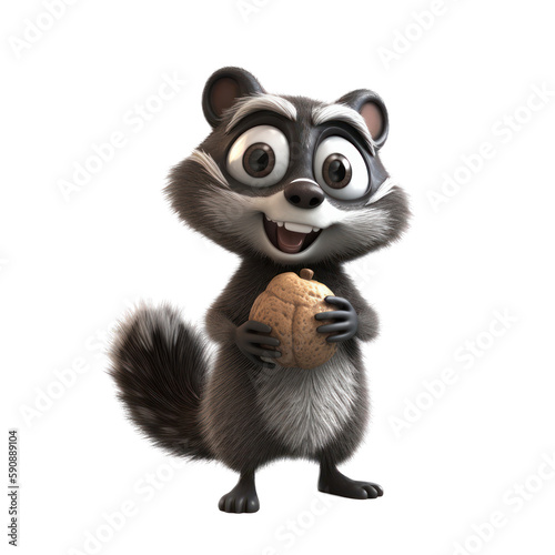 Raccoon cartoon character holding a nut, isolated
