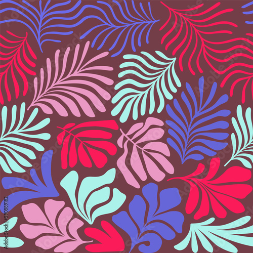 Multicolor abstract background with tropical palm leaves in Matisse style. Vector seamless pattern with Scandinavian cut out elements.