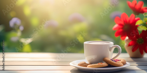 illustration cup of tea coffee with cookies sunny morning concept happy morning ecology Generative AI 