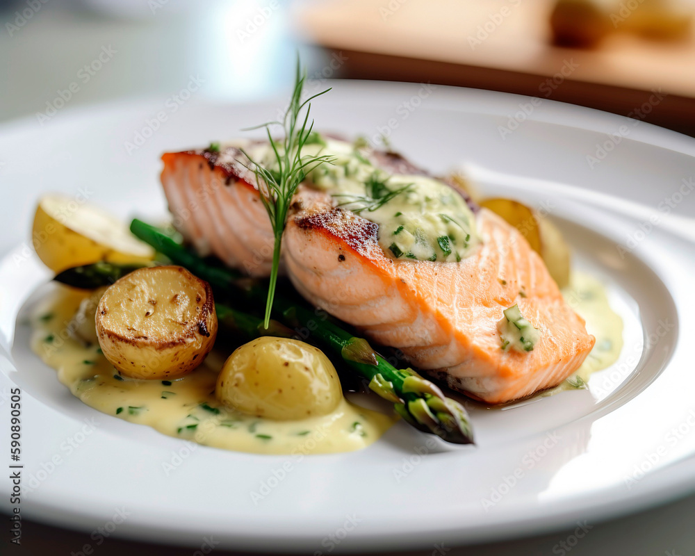 Beautifully plated dish of grilled salmon with a lemon herb sauce, asparagus, and roasted baby potatoes, set on a ceramic plate.