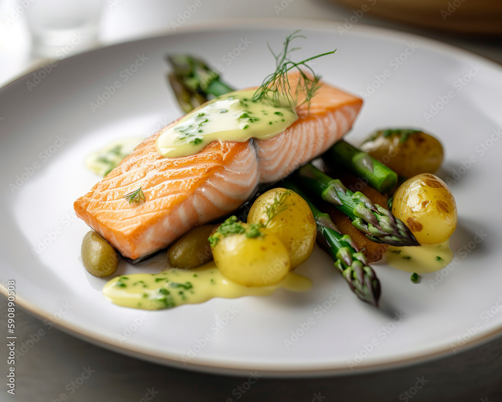 Beautifully plated dish of grilled salmon with a lemon herb sauce, asparagus, and roasted baby potatoes, set on a ceramic plate.