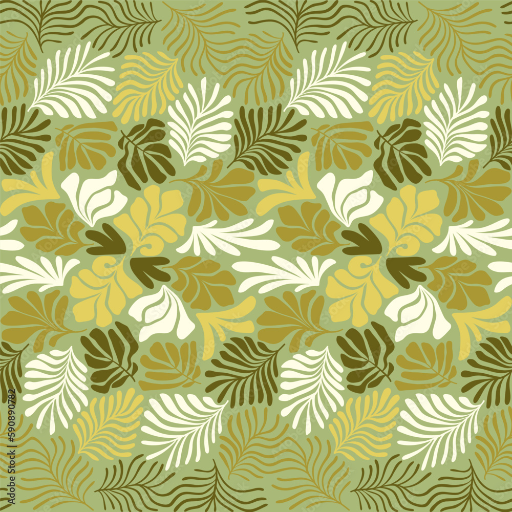 Multicolor abstract background with tropical palm leaves in Matisse style. Vector seamless pattern with Scandinavian cut out elements. Multicolor abstract background with tropical palm leaves in Matisse style. Vector seamless pattern with Scandinavian cut out elements.