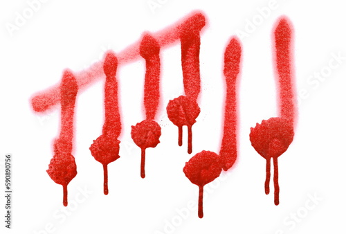 Red spray stain symbol of musical notes isolated on white, clipping path