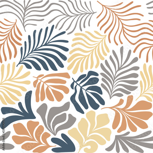 Multicolor abstract background with tropical palm leaves in Matisse style. Vector seamless pattern with Scandinavian cut out elements.