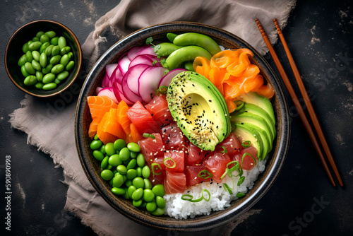 Top-down view of a perfect looking delicious vibrant poke bowl with marinated raw fish, sushi rice, avocado, edamame, and pickled vegetables.