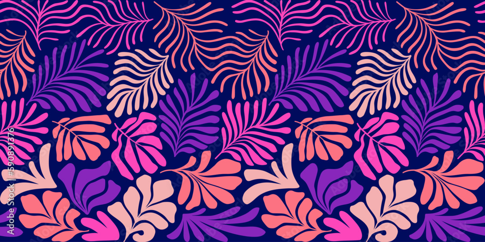 Multicolor abstract background with tropical palm leaves in Matisse style. Vector seamless pattern with Scandinavian cut out elements.