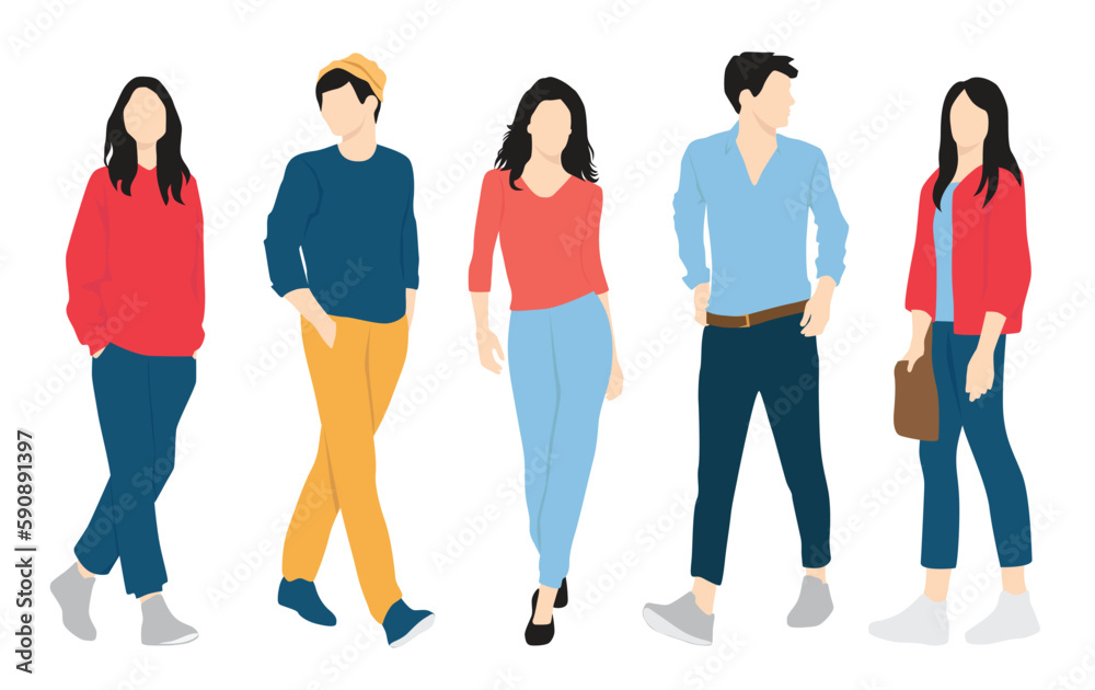 Fototapeta premium Set of young men and women, different colors, cartoon character, group of silhouettes of walking business people, students, the design concept of flat icon, isolated on white background
