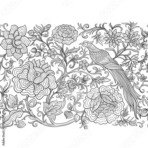 Fantasy flowers and pheasant bird in retro, vintage, chinese silk on velvet embroidery style. Seamless pattern, background. Vector illustration.