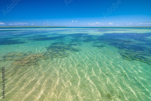 Beach Landscape A sandbar stretching out into the crystal-clear ocean, golden sands, gentle slope, shallow waters 1 - AI Generative
