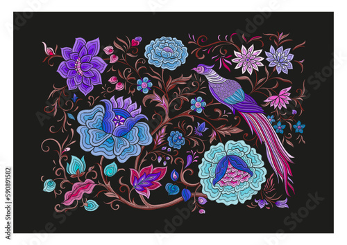 Fantasy flowers and pheasant bird in retro  vintage  chinese silk on velvet embroidery style Clip art  set of elements for design Vector illustration.