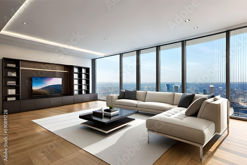 Interior design of a modern, minimalist, simple, clean, and futuristic living room that incorporates contemporary technology, innovative lighting, and advanced sleek furniture   Generative AI © DesignDynasty