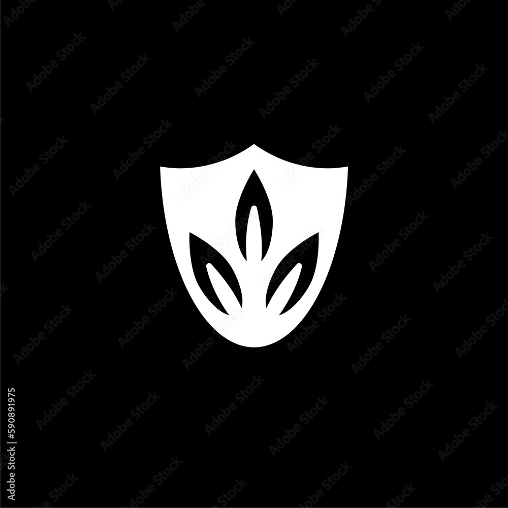 Shield with leaf icon isolated on black background. Eco-friendly security shield with leaf. Shield with leaf icon isolated on black background. Eco-friendly security shield with leaf.