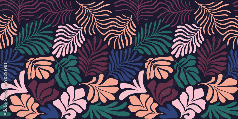 Multicolor abstract background with tropical palm leaves in Matisse style. Vector seamless pattern with Scandinavian cut out elements. Multicolor abstract background with tropical palm leaves in Matisse style. Vector seamless pattern with Scandinavian cut out elements.