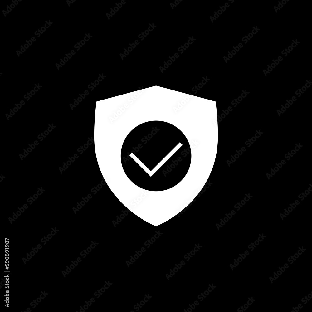 Shield with check mark icon isolated on black background. Security check Icon. Shield with check mark icon isolated on black background. Security check Icon.