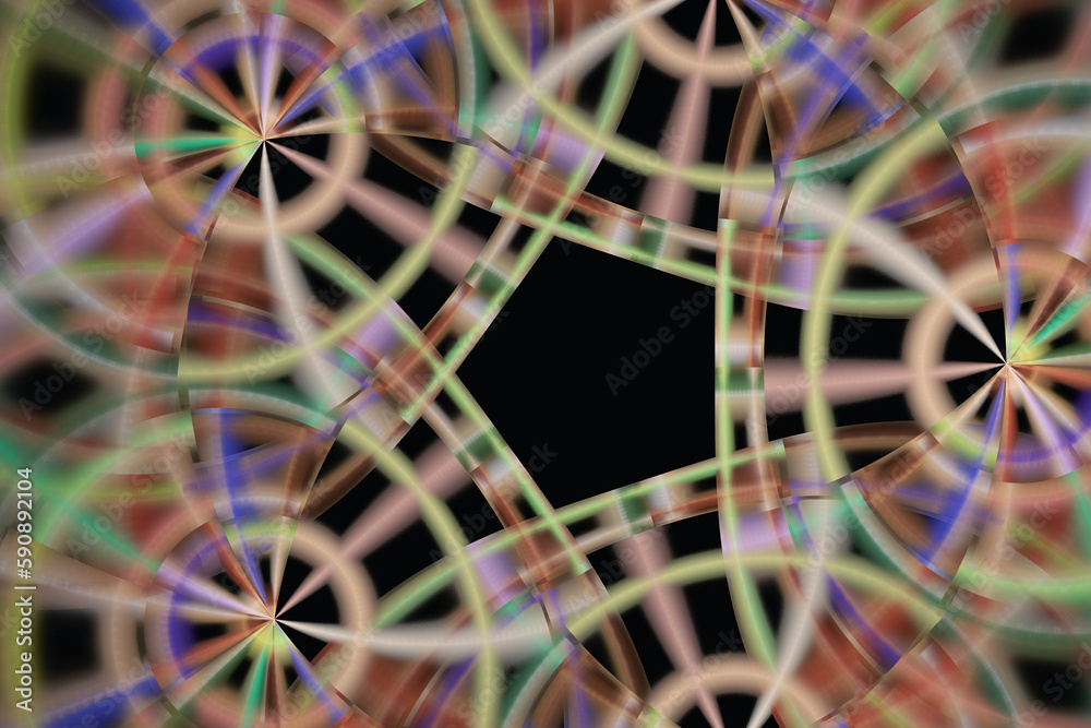 Multi-colored blurred pattern of curved shapes on a black background. Abstract fractal 3D rendering Multi-colored blurred pattern of curved shapes on a black background. Abstract fractal 3D rendering