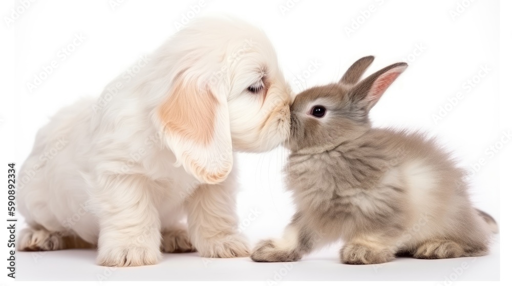 Puppy giving bunny a kiss