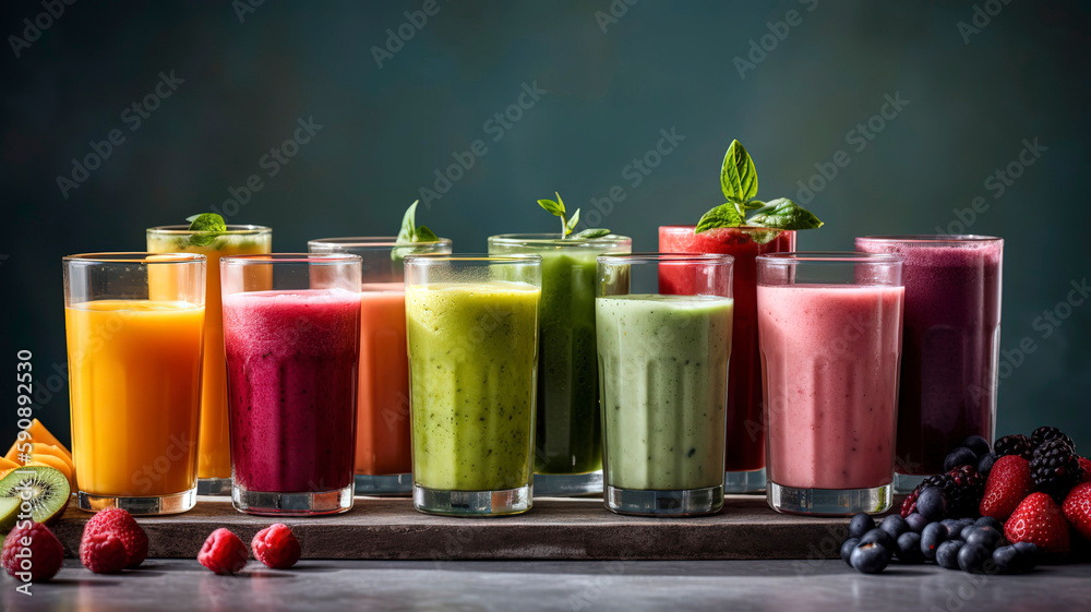 Healthy smoothies in various colors, served in tall glasses and garnished with fresh fruit, set on a bright, clean background. Healthy smoothies in various colors, served in tall glasses and garnished with fresh fruit, set on a bright, clean background.