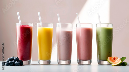 Healthy smoothies in various colors, served in tall glasses and garnished with fresh fruit, set on a bright, clean background.