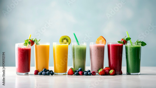 Healthy smoothies in various colors, served in tall glasses and garnished with fresh fruit, set on a bright, clean background.