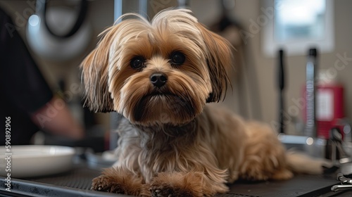 Adorable dog on the working table of a groomer. Generative AI © AdriFerrer
