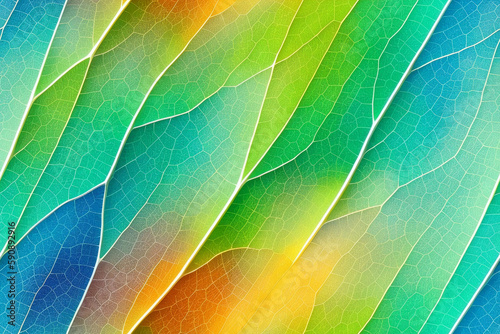 Seamless textures, beautiful multicolored leaf structure close up, sinuous lines. Background with wave diagonal stripes, gradients. Wallpaper, imprint on fabric.  Generative AI
