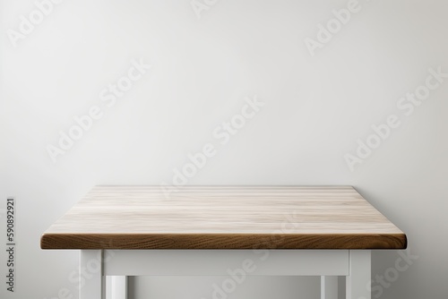 minimalist white table with a warm wooden top set against a plain white wall. Generative AI © 2rogan