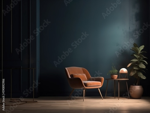 Living room interior mockup in warm tones with armchair on empty dark blue wall background.