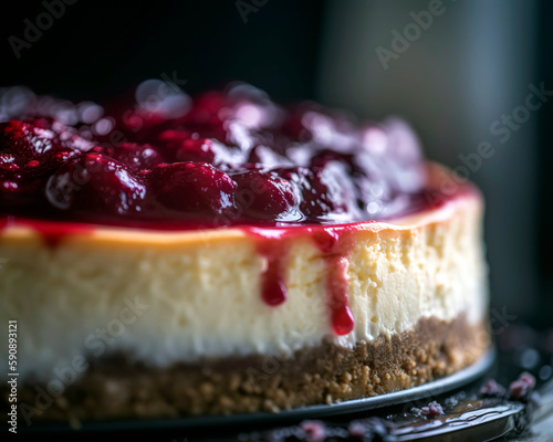 Homemade cheesecake topped with a mixed berry compote and a dusting of powdered sugar.