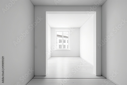 an empty room with a window and a blank white wall. Generative AI