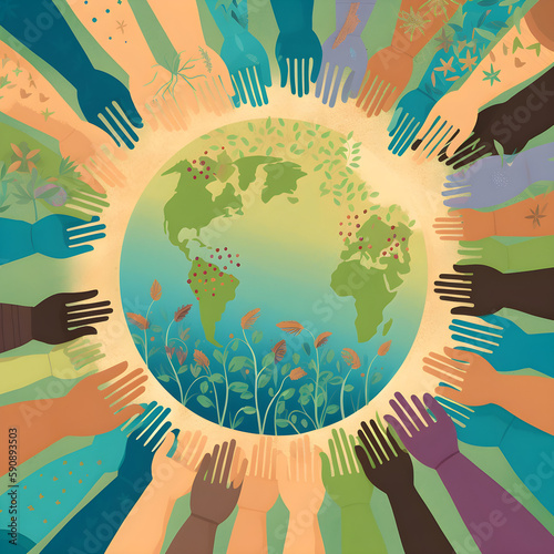 A vibrant, uplifting illustration, group of people holding hands around a beautifully rendered Earth, symbolizing unity and collaboration in celebration of Earth Day. Created using generative AI.