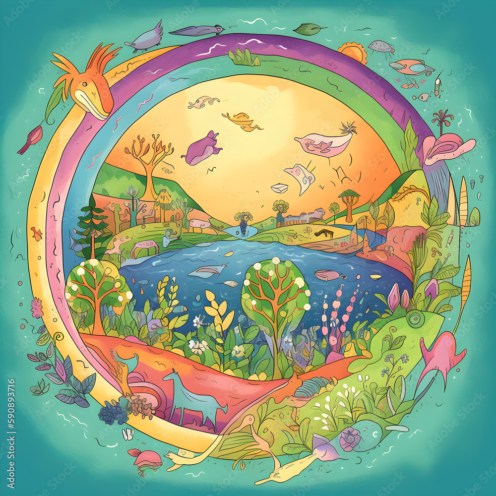 Imaginative, fairy tale Earth Day illustration: sustainable future with thriving Earth, humans, animals & nature in harmony. High-res image embodying eco-consciousness. Created using generative AI.