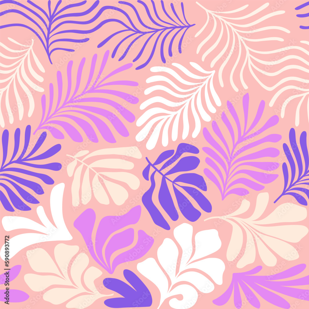 Multicolor abstract background with tropical palm leaves in Matisse style. Vector seamless pattern with Scandinavian cut out elements. Multicolor abstract background with tropical palm leaves in Matisse style. Vector seamless pattern with Scandinavian cut out elements.