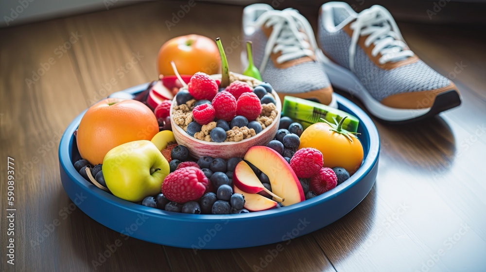 Healthy lifestyle concept with food and sport items. Generative AI Healthy lifestyle concept with food and sport items. Generative AI