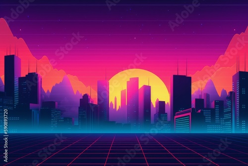 Retro grid city sunset. Generate Ai