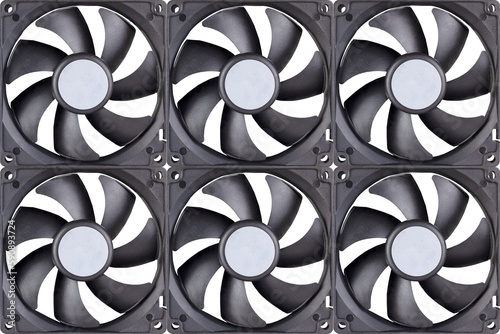 Six electric plastic black fans for cooling computers