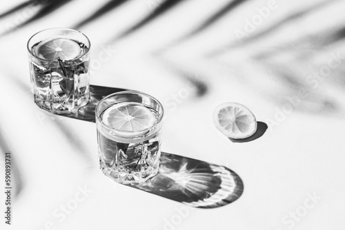 Two glasses of cocktail or water with sliced lemon and mint on white sunlit background with palm tree leaf shadow. Summer refreshment concept. Minimal style. Black and white