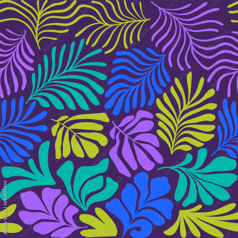 Multicolor abstract background with tropical palm leaves in Matisse style. Vector seamless pattern with Scandinavian cut out elements. Multicolor abstract background with tropical palm leaves in Matisse style. Vector seamless pattern with Scandinavian cut out elements.