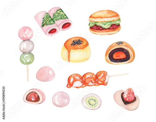 Watercolor food illustration. Asian food. Japanese sweets and desserts. Watercolor pastry. Set of mooncakes, sakura desserts, dango, mochi, dorayaki. Design for street food markets, cafe, menu photo
