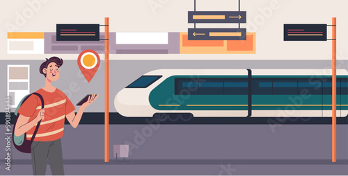 Station platform tourist train railway concept. Vector graphic design illustration