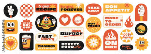 Burger retro cartoon fast food stickers. Comic character, slogan, quotes and other elements for burger bar, cafe, restaurant. Groovy funky vector illustration in trendy retro cartoon style.