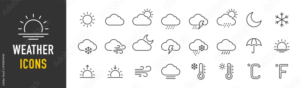 Weather web icons in line style. Clouds, sun, moon, snowflakes, wind, sunny day, collection. Vector illustration.