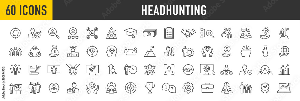 Set of 60 Headhunting web icons in line style. Recruitment, career, resume, work group, candidate, job hiring, collection. Vector illustration.