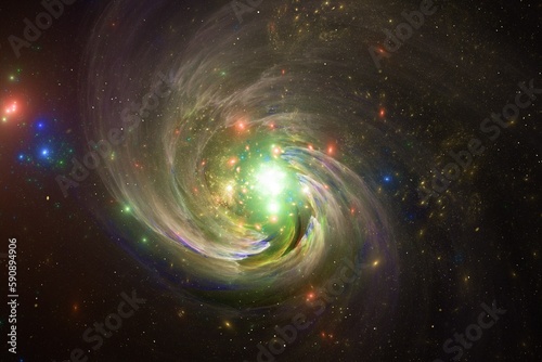 Multicolored swirling clouds of stardust in black space. Abstract fractal 3D rendering