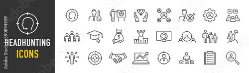 Headhunting web icons in line style. Recruitment, career, resume, work group, candidate, job hiring, collection. Vector illustration.