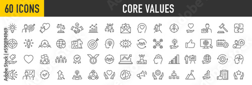 Set of 60 Core Values web icon set in line style. Innovation  integrity  customers  accountability  teamwork  goals  motivation collection. Vector illustration.