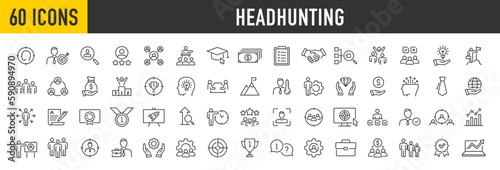 Set of 60 Headhunting web icons in line style. Recruitment, career, resume, work group, candidate, job hiring, collection. Vector illustration.