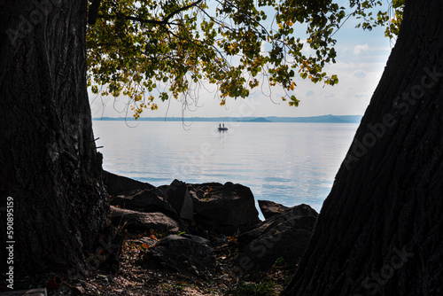 Ship on lake in autumn