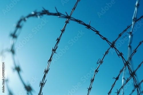 Wire fence blue sky. Generate Ai