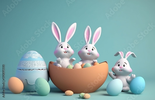 easter day poster, toy bunny and easter eggs. generative ai
